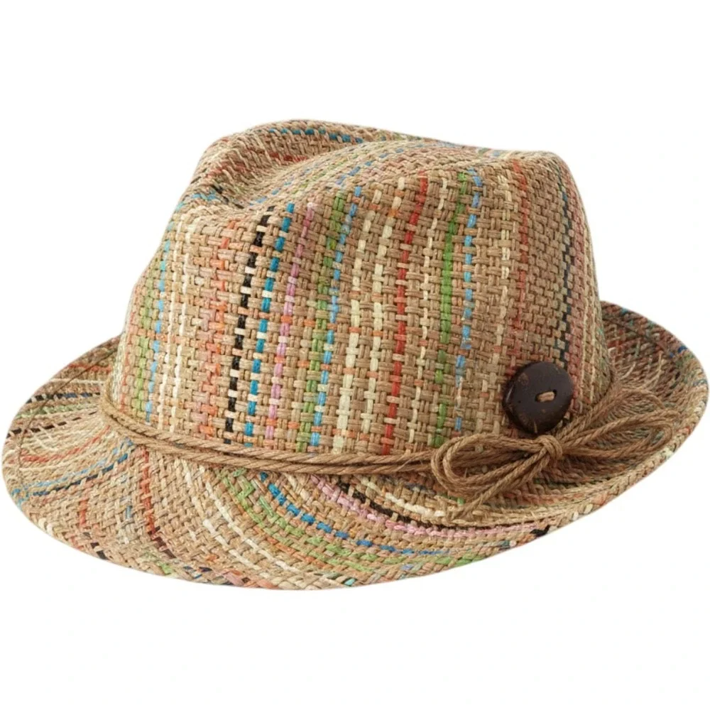 Panama Jack Multi Color Woven Paper Straw Fedora Hat Beach Sun Summer One Size